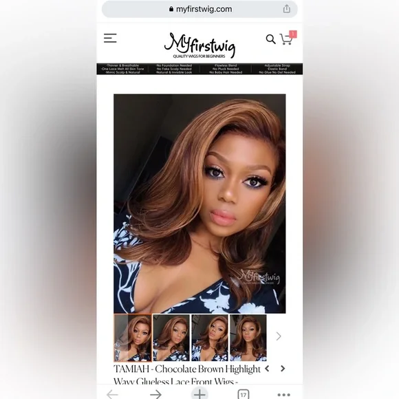 Chocolate Brown Highlight Wavy Glueless Lace Front Wigs 16 inches Georgia Chocolate Brown Wig | Loose Wave Middle Part Lace  main image 3